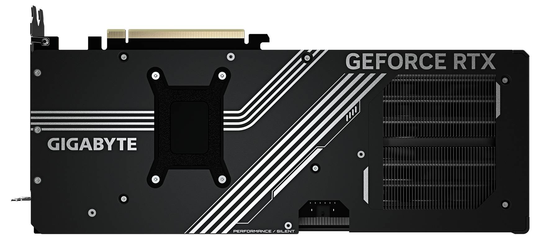 'Rückseite einer Gigabyte GeForce RTX Grafikkarte, schwarz mit weißen Linien und Beschriftungen.'