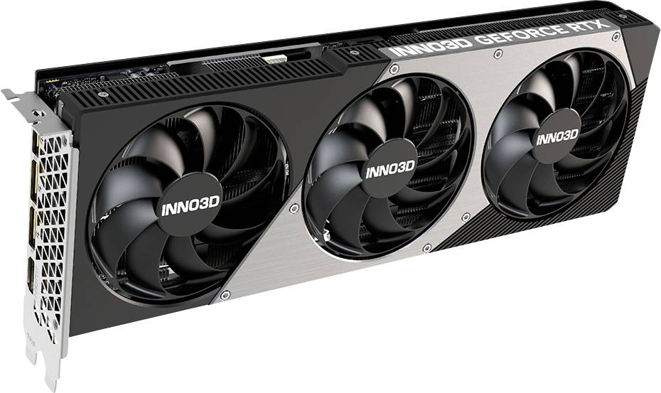 Grafikkarte mit drei Lüftern und der Aufschrift 'INNO3D GEFORCE RTX', geeignet für Gaming und anspruchsvolle grafische Anwendungen.