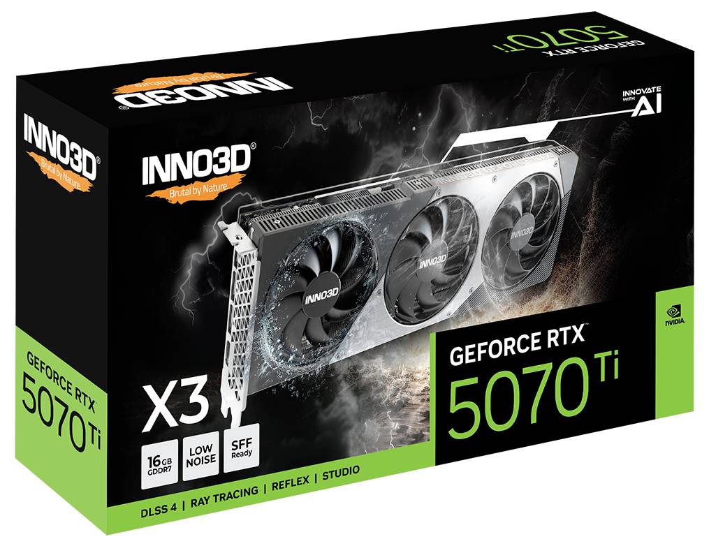 Eine Inno3D GeForce RTX 5070 Ti Grafikkarte in Verpackung, mit Angaben zu 16 GB Speicher, DLSS 4, Ray Tracing, Reflex und Studio Funktionen.