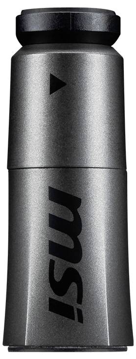 Schwarzer zylinderförmiger Adapter mit der Aufschrift 'msi' in silberner Schrift vertikal angeordnet auf der Oberfläche.