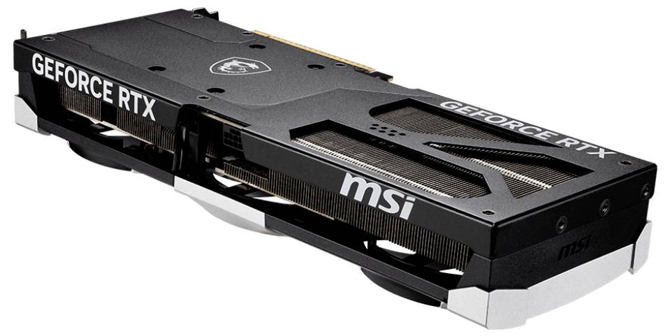 Eine Grafikkarte von MSI mit der Aufschrift 'GEFORCE RTX'. Sie hat ein schwarzes Gehäuse und Lüfter für die Kühlung.