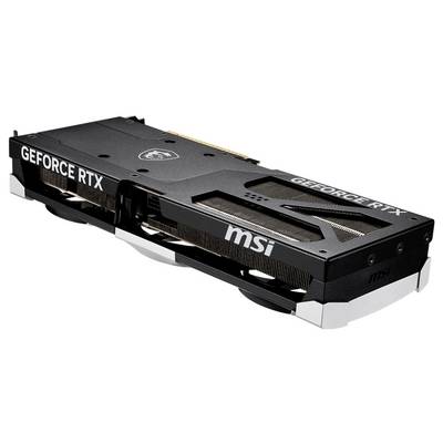 Eine Grafikkarte von MSI mit der Aufschrift 'GEFORCE RTX'. Sie hat ein schwarzes Gehäuse und Lüfter für die Kühlung.