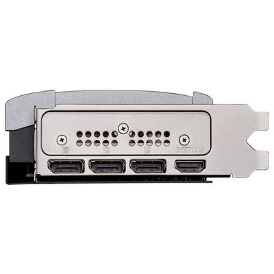 Eine Grafikkarte mit vier Ausgängen: drei DisplayPorts und ein HDMI-Anschluss. Die Karte hat ein metallisches Gehäuse.