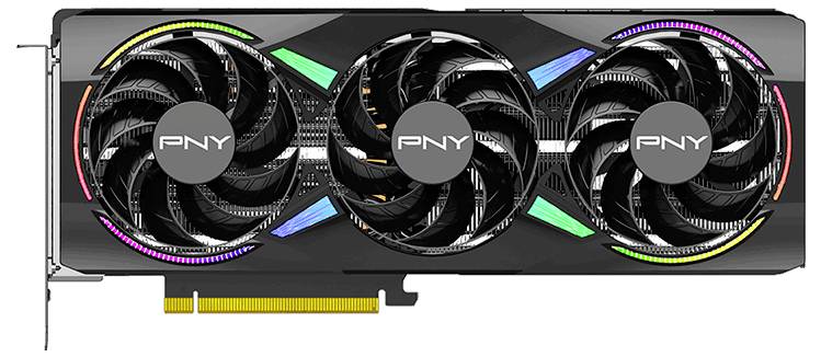 'Grafikkarte der Marke PNY mit drei Lüftern und RGB-Beleuchtung. Entwickelt für den Einsatz in leistungsstarken Computern.'