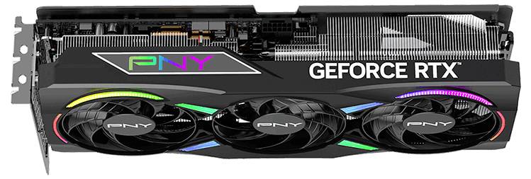 Grafikkarte PNY GeForce RTX mit drei Lüftern und RGB-Beleuchtung. Design für Hochleistungs-Grafikverarbeitung.