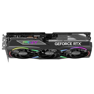 Grafikkarte PNY GeForce RTX mit drei Lüftern und RGB-Beleuchtung. Design für Hochleistungs-Grafikverarbeitung.