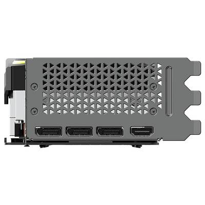 Rückseite einer Grafikkarte mit drei DisplayPorts und einem HDMI-Anschluss. Die Abdeckung hat ein Gittermuster zur Belüftung.