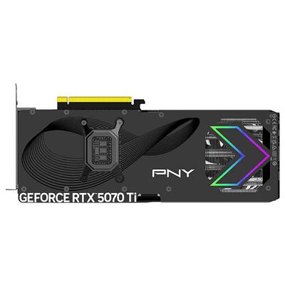 'GEFORCE RTX 5070 Ti' Grafikkarte mit PNY-Logo, schwarze Oberfläche und farbigen Lichtakzenten rechts.
