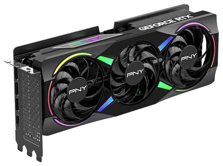 Grafikkarte PNY GeForce RTX mit drei Lüftern und RGB-Beleuchtung, zeigt moderne Technologie für verbesserte Grafikleistung.