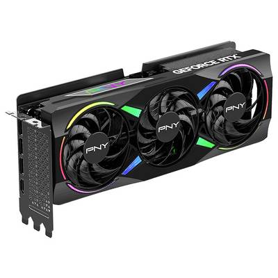 Grafikkarte PNY GeForce RTX mit drei Lüftern und RGB-Beleuchtung, zeigt moderne Technologie für verbesserte Grafikleistung.