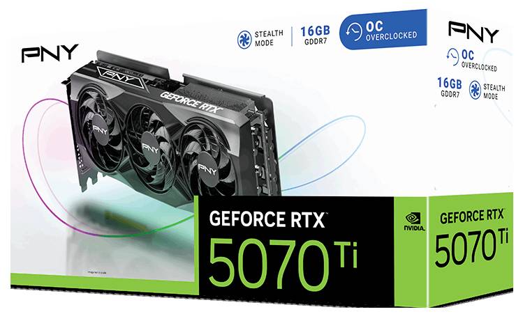Grafikkartenverpackung der PNY GeForce RTX 5070 Ti wird gezeigt, mit 16GB GDDR7, übertaktet im Stealth-Modus, abgebildet.