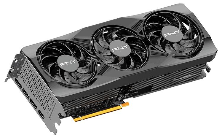 Hochleistungs-Grafikkarte mit drei Lüftern, schwarzem Gehäuse und mehreren Anschlussmöglichkeiten, geeignet für Gaming-PCs.