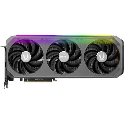 'ZOTAC Grafikkarte mit drei großen Lüftern, beleuchtetem Rand in Regenbogenfarben, HDMI-Anschluss hinten, schwarze Gehäusefarbe.'