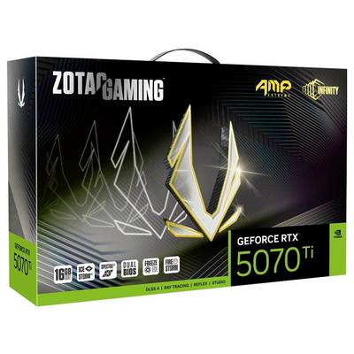 Verpackung einer 'Zotac Gaming GeForce RTX 5070 Ti' Grafikkarte, 16 GB, mit Hervorhebung von Funktionen wie DLSS 4 und Raytracing.