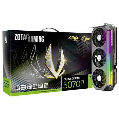 Grafikkarte 'ZOTAC GAMING GeForce RTX 5070 Ti' in Verpackung mit Ampere-Architektur, 16 GB GDDR6X-Speicher und RGB-Beleuchtung.