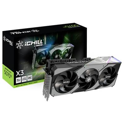 Eine INNO3D Grafikkarte GeForce RTX 5070 Ti mit der Aufschrift 'iCHILL X3' und '16 GB', präsentiert vor ihrer Verpackung.