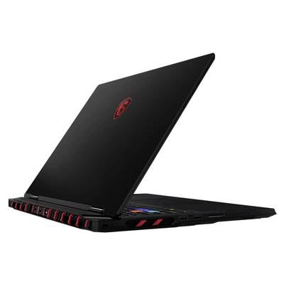 Schwarzer Laptop, teilweise geöffnet, zeigt bunte Tastenbeleuchtung. Rückseite und Lüftungsschlitze sind sichtbar.