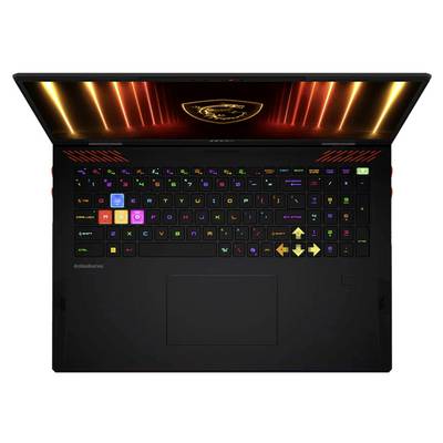 Ein Laptop mit bunter, beleuchteter Tastatur in verschiedenen Farben. Der Bildschirm zeigt ein stilisiertes Logo mit leuchtenden Linien.