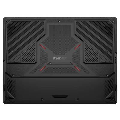 Schwarze Laptop-Rückseite mit geometrischem Design, roten Akzenten und dem Wort 'RAIDER' in der Mitte.