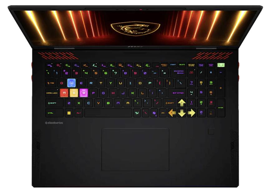 Ein Laptop mit beleuchteter Tastatur in verschiedenen Farben. Oben auf dem Bildschirm ist ein leuchtendes Drachen-Logo zu sehen.