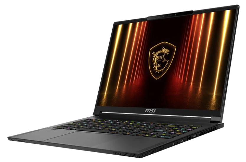 Schwarzer Laptop mit beleuchteter Tastatur, zeigt ein rot-goldenes Drachenlogo auf dem Bildschirm, Symbol für Gaming-Marke.