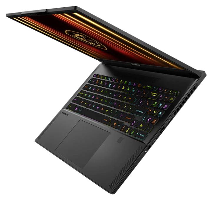 Ein aufklappbarer Laptop mit beleuchteter RGB-Tastatur und einem schmalen Bildschirmrand. Die Beleuchtung ist in Regenbogenfarben.