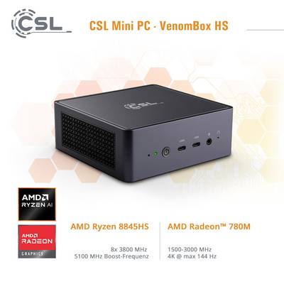 Kompakter Mini-PC mit AMD Ryzen 8845HS, AMD Radeon 780M, geeignet für hohe Leistung. Verfügt über diverse Anschlussmöglichkeiten.