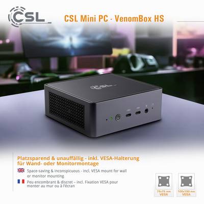 CSL Mini PC VenomBox HS auf einem Tisch. Text: 'Platzsparend & unauffällig - inkl. VESA-Halterung für Wand- oder Montage.'