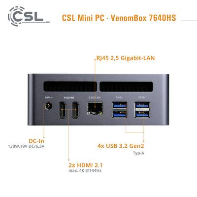 Der CSL Mini PC - VenomBox 7640HS zeigt Anschlüsse wie 2x HDMI 2.1, 4x USB 3.2 Gen2, RJ45 2,5 Gigabit-LAN und DC-In.