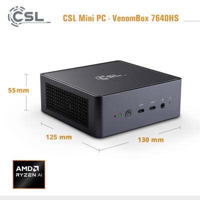 'CSL Mini PC · VenomBox 7640HS' – Ein kompakter, schwarzer Mini-PC mit Maßen: 130 mm (L), 125 mm (B) und 55 mm (H), AMD Ryzen AI.