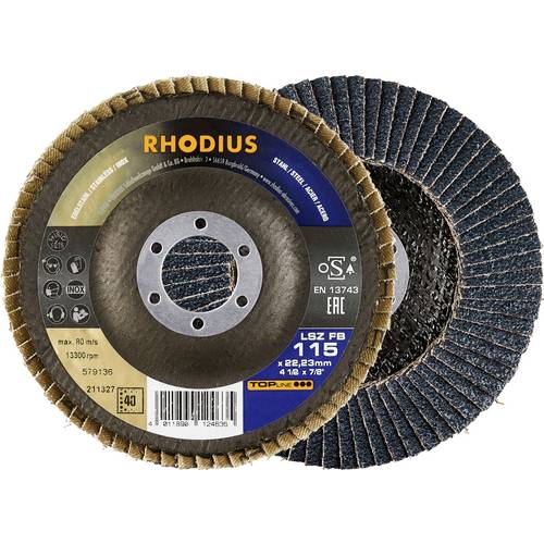 Rhodius 211327 Fächerschleifscheibe Durchmesser 115 mm Bohrungs-Ø 22.23 mm Edelstahl, Stahl 1 St.