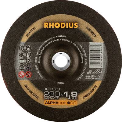 Eine Rhodius Trennscheibe XTK70, 230x1,9 mm, für Edelstahl und Stahl. Max. 80 m/s, 6600 U/min, vielfältige Anwendungs-Symbole.