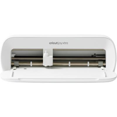 Ein Cricut Joy Xtra Schneidegerät in weiß zeigt die offene Schneideeinheit mit Rollen und Messerhalterung.