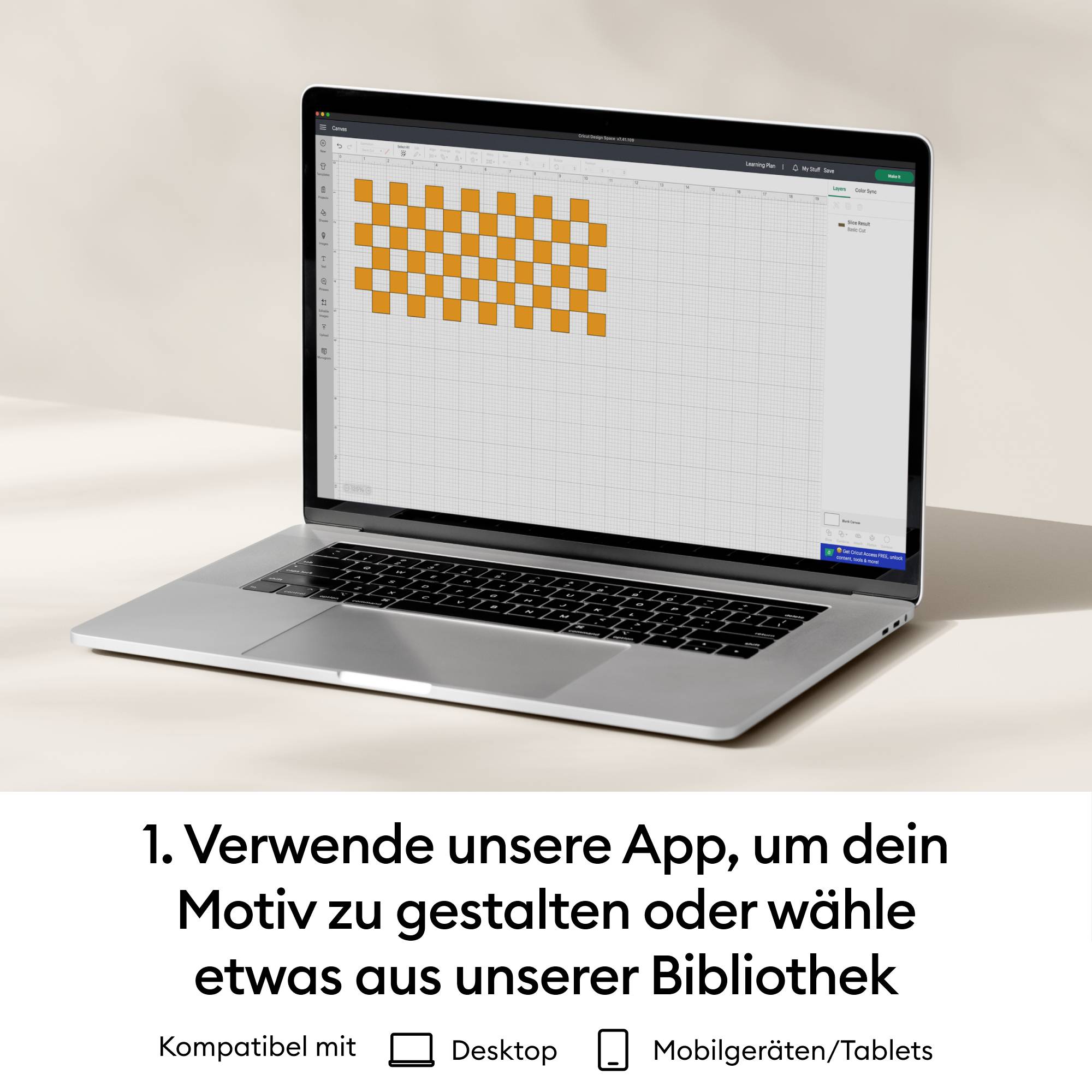 Auf dem Laptopbildschirm ist ein kariertes Muster in Orange zu sehen. Text darunter: 'Verwende unsere App zur Motivgestaltung.'