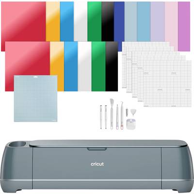 Plotter-Druckmaschine mit bunten Vinylrollen, Schneidematte, Werkzeug-Set und Aufkleberbögen, ideal für Bastelprojekte.
