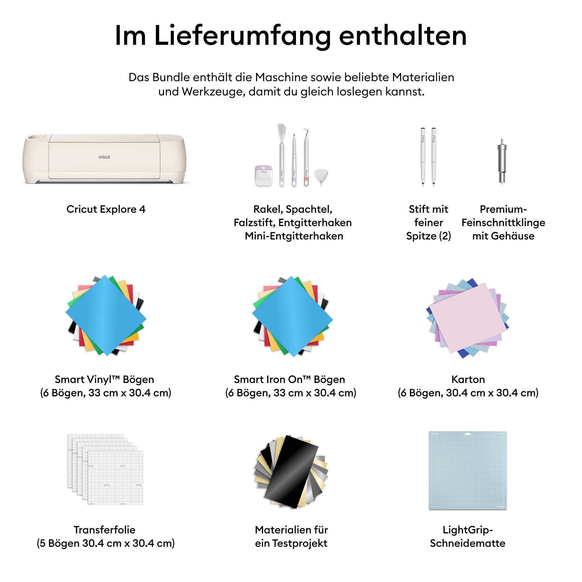 'Cricut Explore 4'-Maschine mit Zubehör: Mini-Entgitterhaken, Rakel, Spachtel, Vinyl- und Iron-On-Bögen, Karton, Transferfolie, Testprojekt.