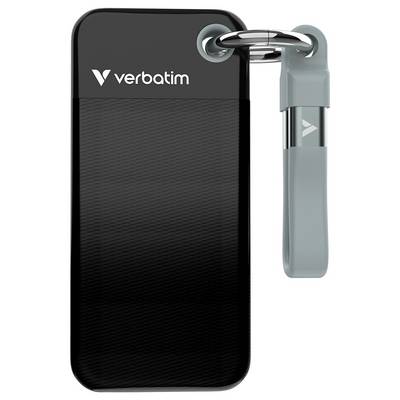 Externer SSD-Speicher von Verbatim, schwarz mit grauem Schlüsselband. Markenname oben links sichtbar. Ideal für Datenspeicherung.