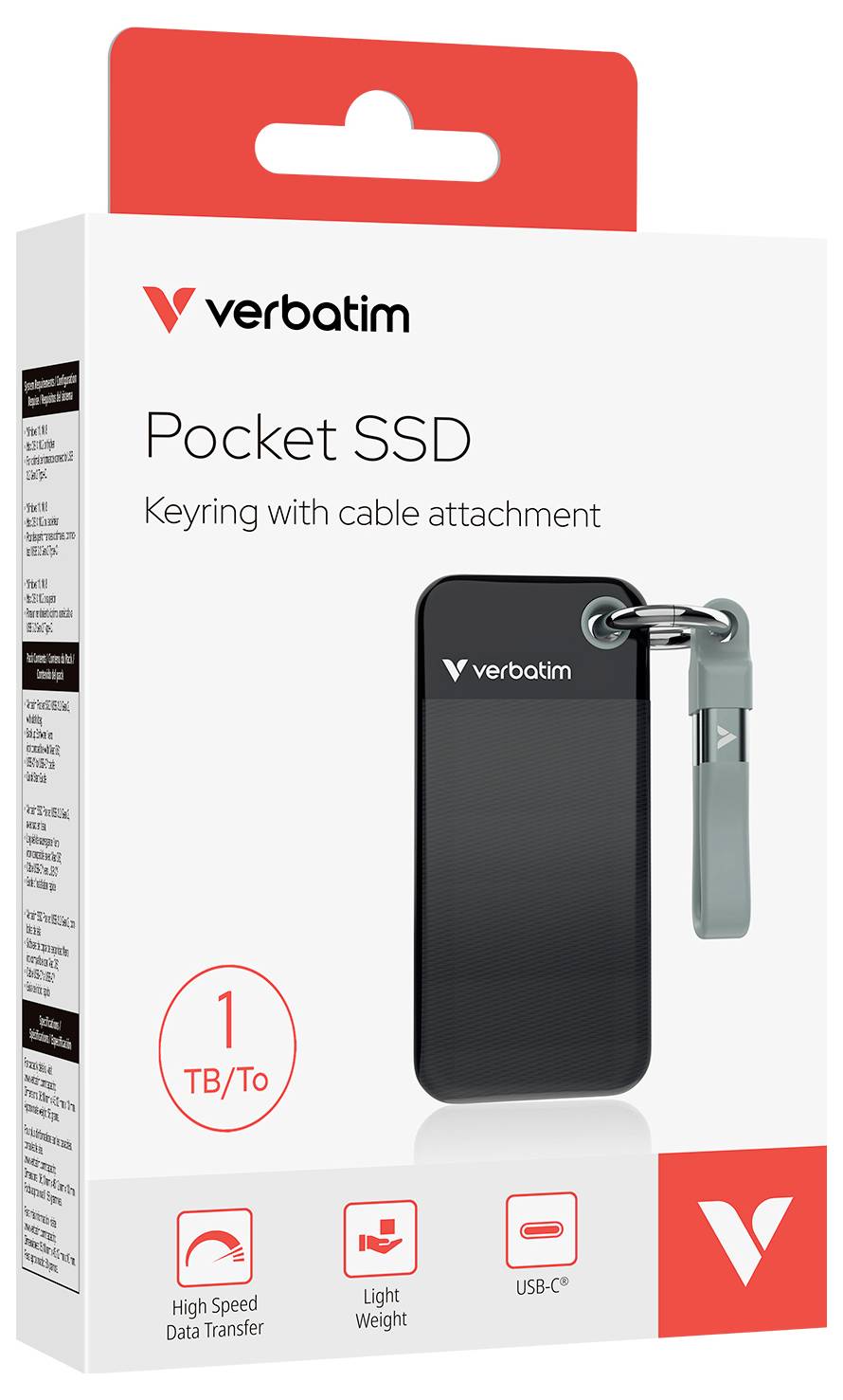 Eine Verpackung für eine Verbatim Pocket SSD mit Schlüsselring, 1 TB Speicher, USB-C-Anschluss und schneller Datenübertragung.