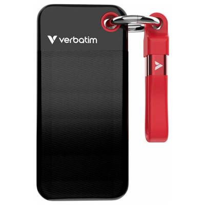 Schwarze Verbatim USB-Festplatte mit rotem Schlüsselanhänger.