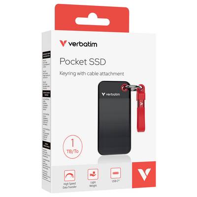 Verpackung eines Verbatim Pocket SSD mit Schlüsselanhänger und Kabelhalterung, 1 TB Speicher, schnelles USB-C-Datenübertragungskabel.