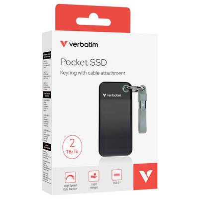 Verpackung einer Verbatim Pocket SSD mit 2 TB. Schlüsselanhänger mit Kabel, hoher Datentransfer, leicht, USB-C-Anschluss.