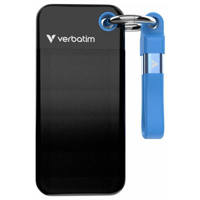 Externe schwarze SSD-Festplatte von Verbatim mit einem blauen USB-Stick an einem Schlüsselring befestigt.