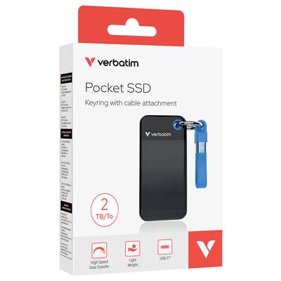 Verpackung eines 'Verbatim Pocket SSD' mit 2 TB Speicher. Inklusive Schlüsselanhänger mit Kabel. Schlagworte: High Speed, Leicht, USB-C.