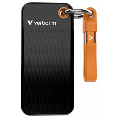 Externe SSD von Verbatim in Schwarz mit orangefarbenem Trageriemen und Metallschlaufe; tragbares Speichermedium.