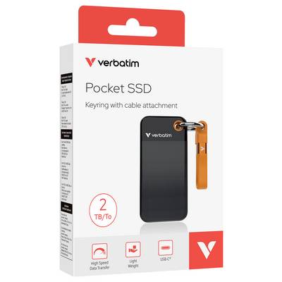 Verpackung einer Verbatim Pocket SSD mit 2 TB Kapazität. Enthält einen Schlüsselanhänger mit Kabel. Merkmale: hohe Geschwindigkeit, leicht, USB-C.