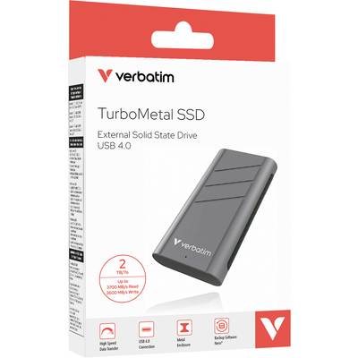 Externe TurboMetal SSD von Verbatim mit USB 4.0, 2 TB Speicher. Abgebildet ist die Verpackung, die schnelle Datenübertragung betont.