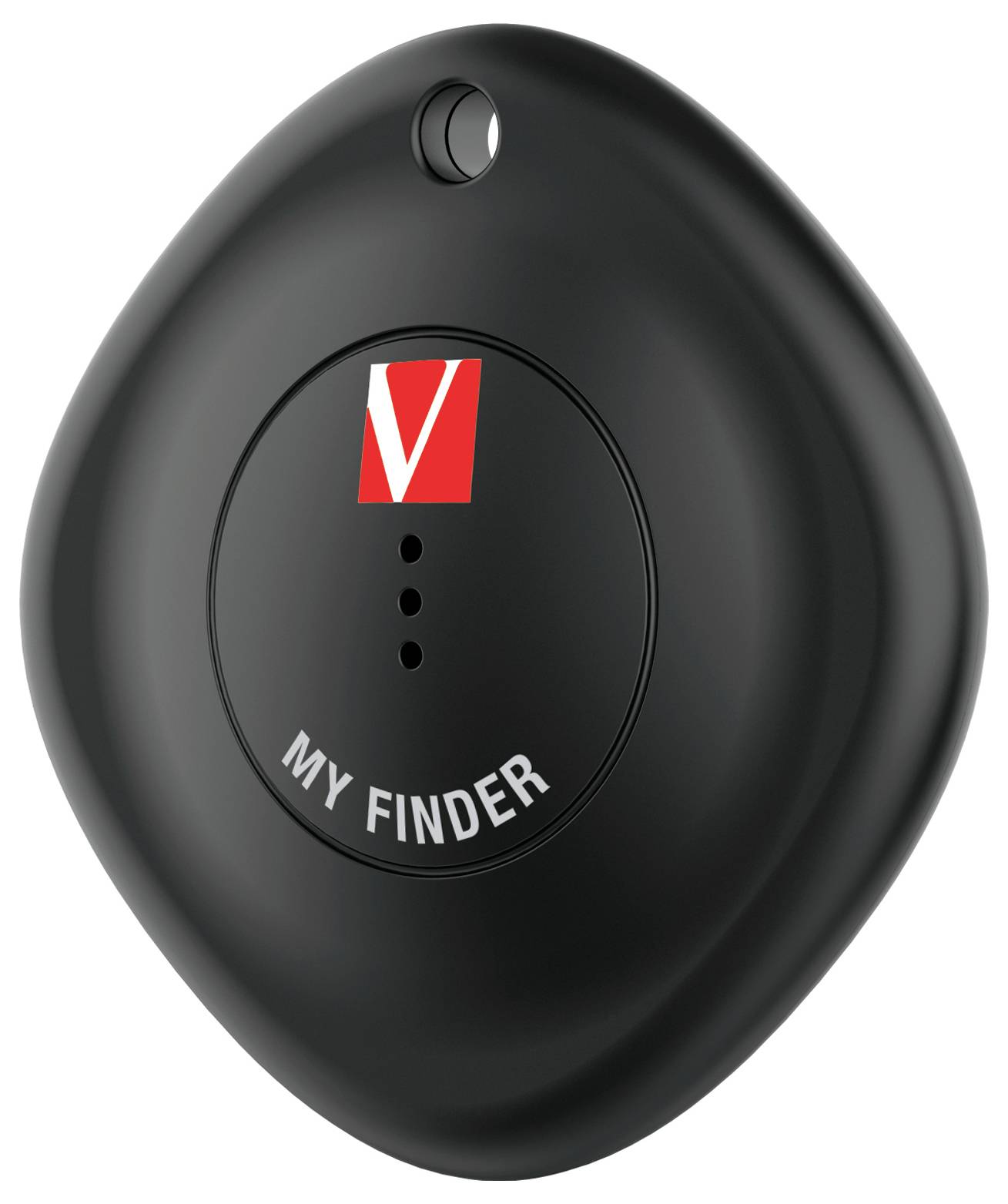 Schwarzes, tropfenförmiges Gerät mit 'MY FINDER'-Schriftzug, rotem V-Logo und einer Taste, dient zur Lokalisierung von Gegenständen.