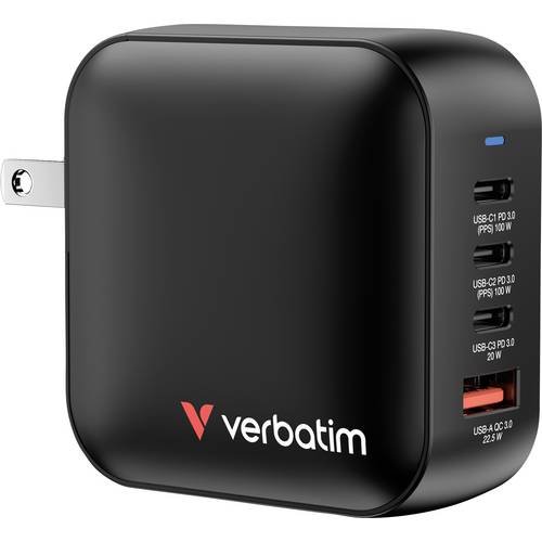 Verbatim Mini GaN Charger Reiseladeadapter 100 W 1x USB-A, 3x USB-C® USB PD, USB PD 3.0, QC 3.0 Schwarz Schnellladegerät...