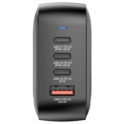 Ein schwarzes Ladegerät mit vier Anschlüssen: drei USB-C-Anschlüsse, zwei mit 100 W und einer mit 20 W, sowie ein USB-A-Anschluss mit 22,5 W.