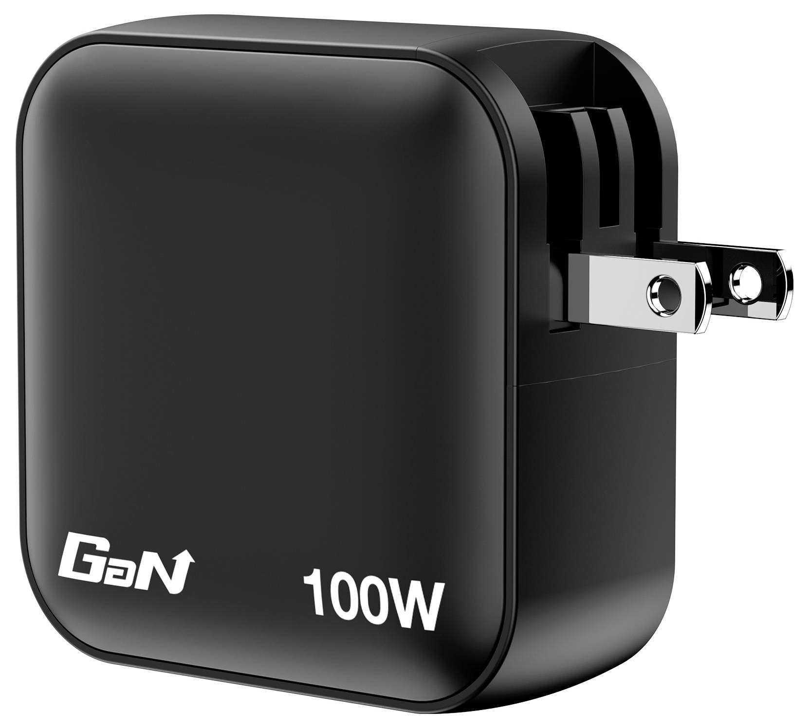 Ein schwarzes GaN-Ladegerät mit 100W-Aufschrift und einklappbarem Stecker, geeignet für effiziente Schnellladung.